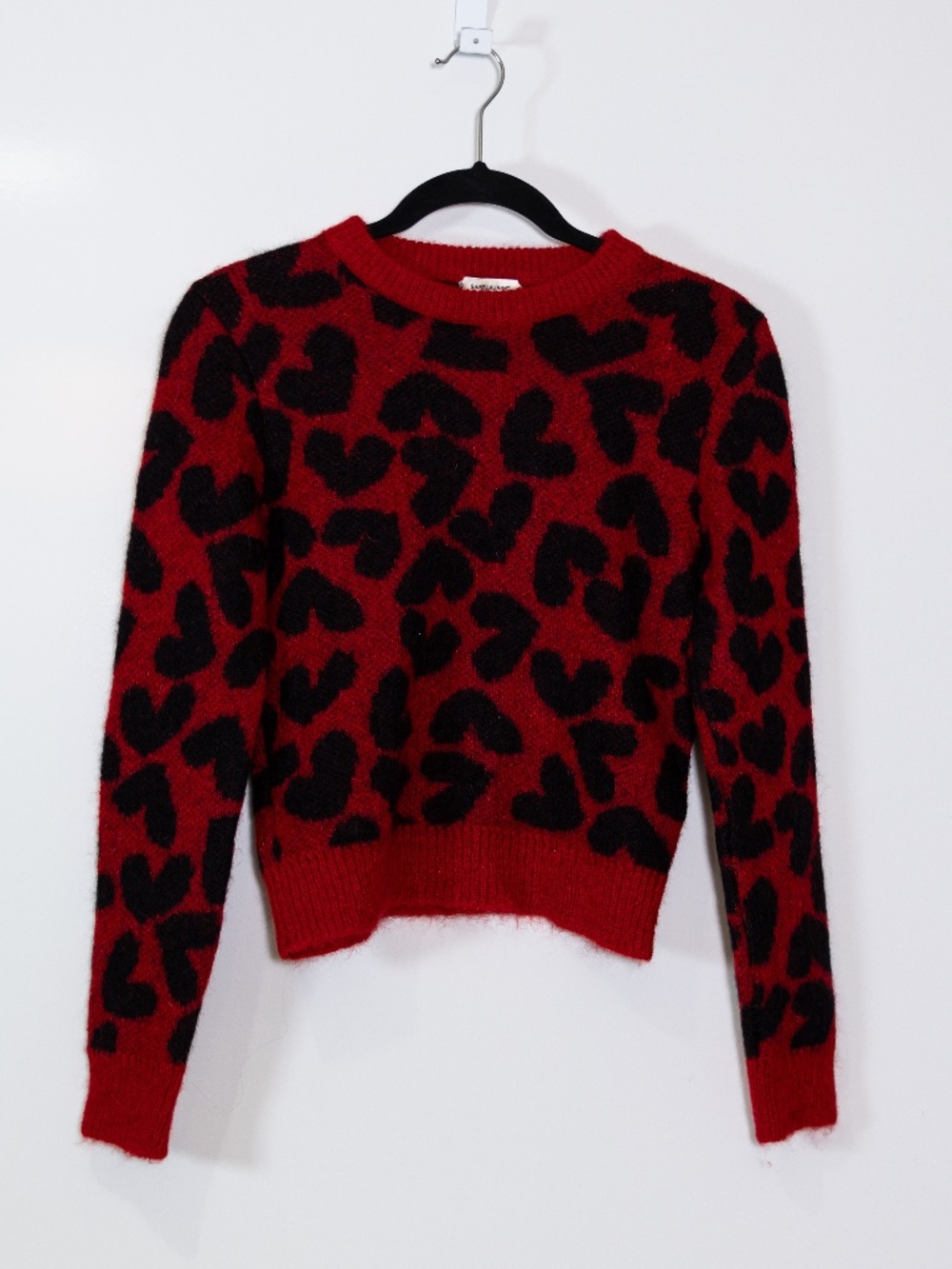 SAINT LAURENT Paris Wool Mohair Knit Heart Print Pattern Crew Neck Sweater Red